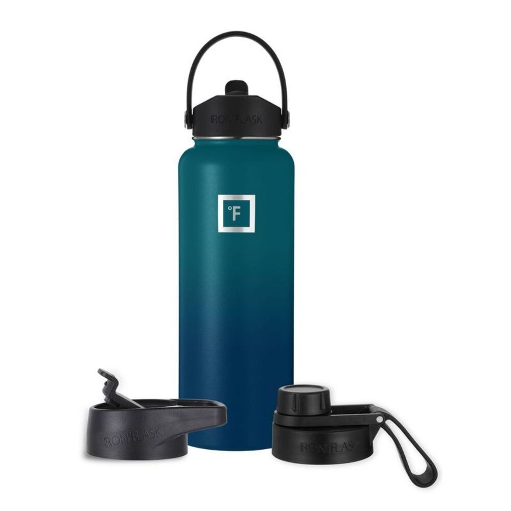 IRON FLASK 40oz Straw Stainless Steel Insulated Water Bottle 3 Lids Blue
